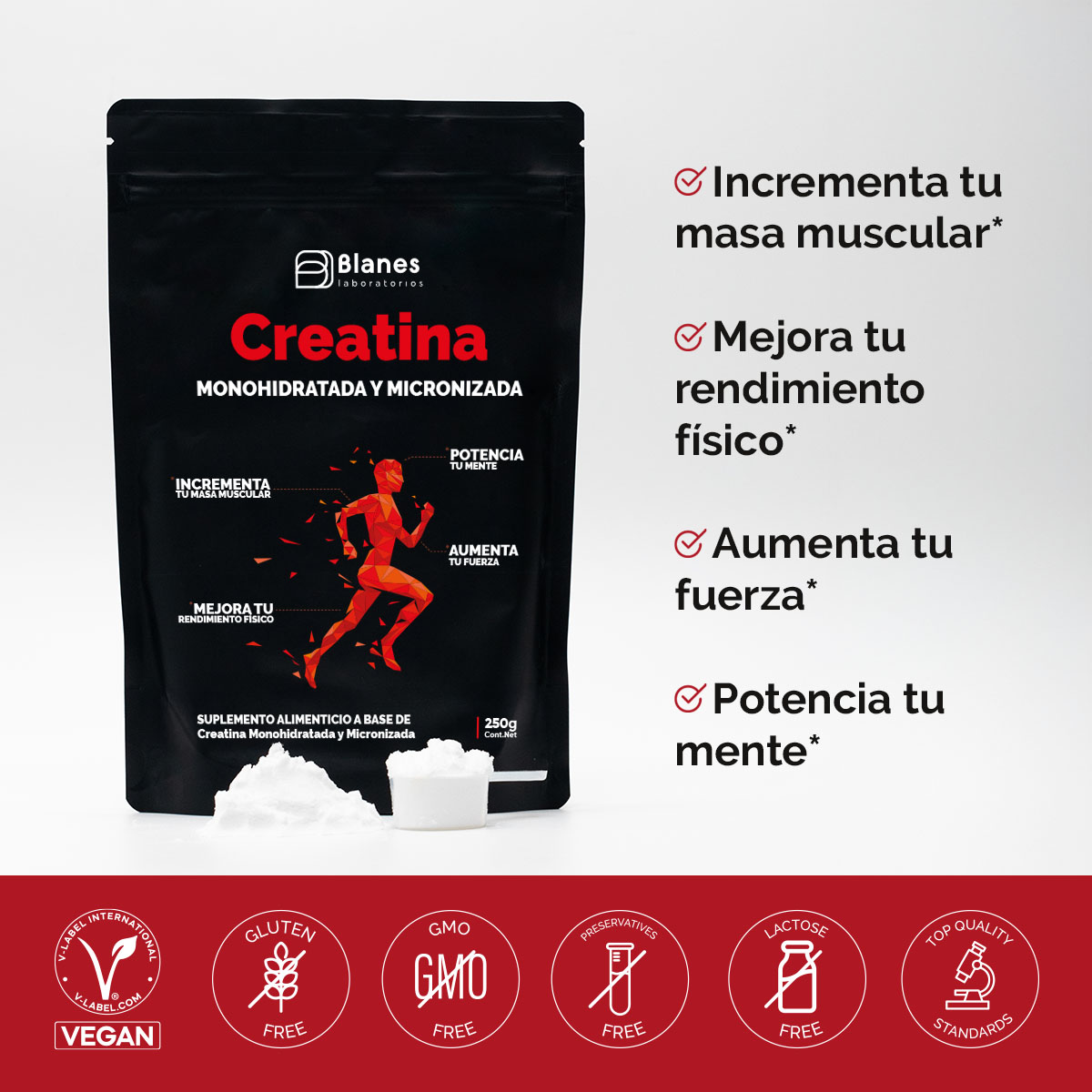 Creatina incrementa masa muscular, mejora rendimiento físico, aumenta fuerza y potencia la mente