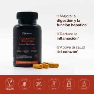 Curcumina + Piperina. Mejora la digestión y la función hepática, reduce la inflamación. Salud del corazón.