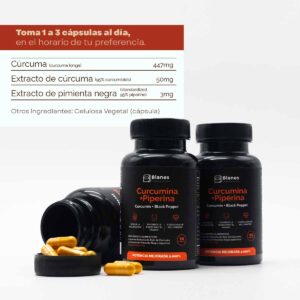 Curcumina + Piperina. Toma 1 a 3 cápsulas al día en el horario de tu preferencia