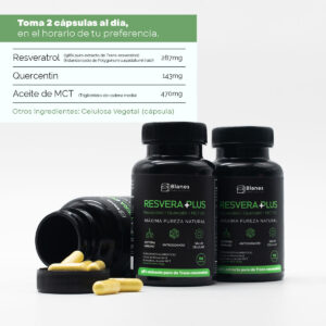 Resvera Plus - Resveratrol + Quercetin + MCT Oil. Toma 2 cápsulas al día en el horario de tu preferencia