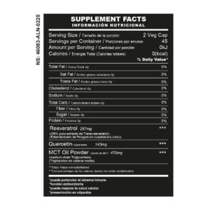 Resvera Plus - Resveratrol + Quercetin + MCT Oil. Información nutricional